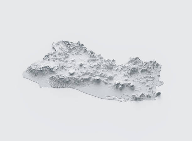El Salvador Map Gray And White Shaded Relief Textured Map On White Background 3D Illustration\nSource Map Data: tangrams.github.io/heightmapper/,\nSoftware Cinema 4d