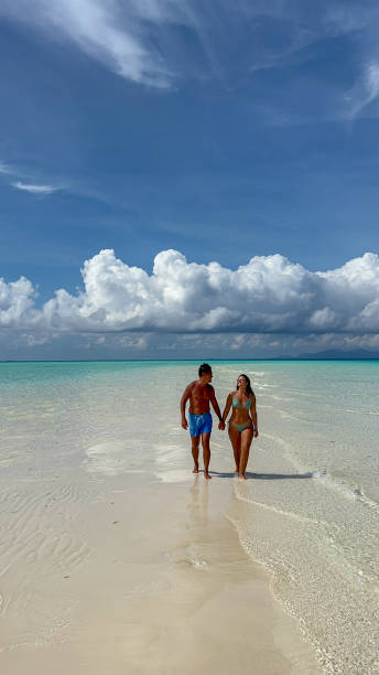 istock Couple Holding Hands Walking on Tropical Sandbar 2183420185