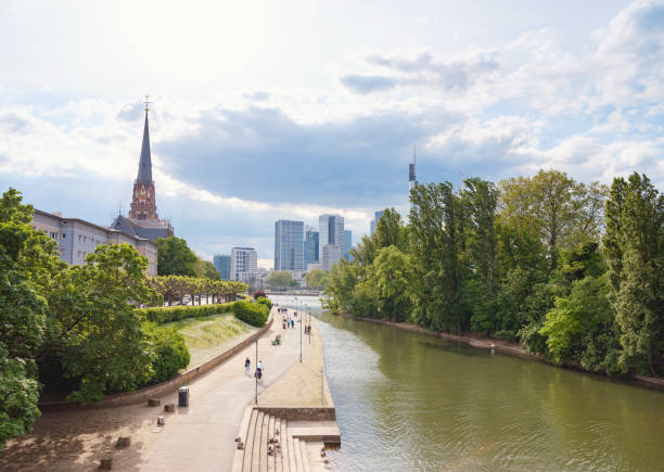 Frankfurt, Germany - May 19, 2023: Frankfurt am Main city skyline on a bright sunny summer day, Germany. Main river, Hessen, Hesse, Germany