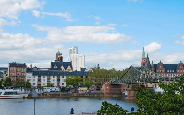 Frankfurt, Germany - May 19, 2023: Frankfurt am Main city skyline on a bright sunny summer day, Germany. Main river, Hessen, Hesse, Germany