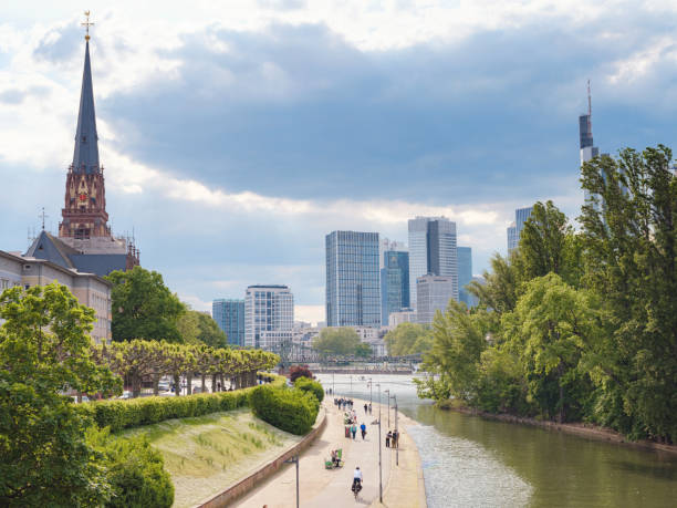 Frankfurt, Germany - May 19, 2023: Frankfurt am Main city skyline on a bright sunny summer day, Germany. Main river, Hessen, Hesse, Germany