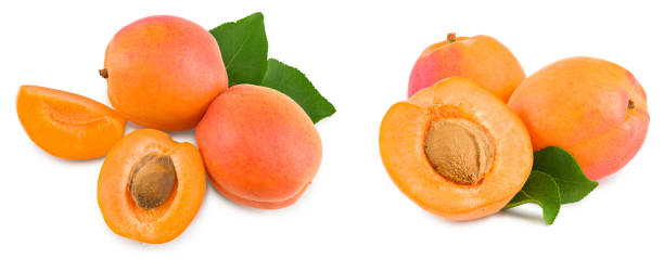 istock apricot fruits with green leaf isolated on white background. clipping path 2183425970