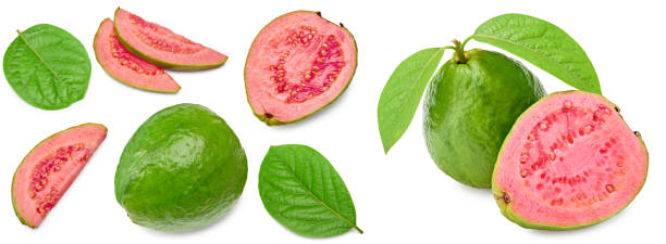 istock guava with slice and green leaves isolated on white background. clipping path 2183426371