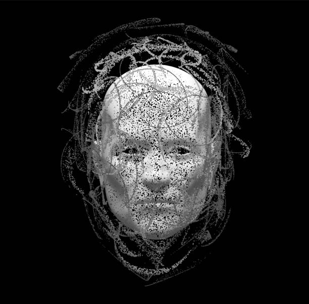 istock Face in black and white. Background design of human profile and colorful moving paint lines on the theme of creativity, design, inner world, human nature and artistic soul. Vector illustration 2183434870