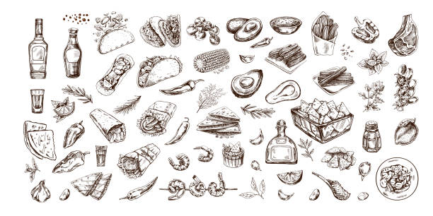hand-drawn set of realistic mexican dishes and products. vintage sketch drawings of latin american cuisine. vector ink illustration. mexican culture. latin america. - mexikanische küche stock-grafiken, -clipart, -cartoons und -symbole