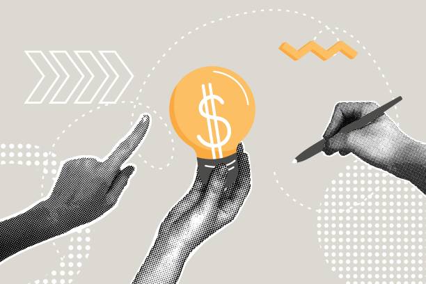 istock Fashionable halftone collage. Concept business funding, business idea presentation to increase income, discussion concept, business solution, idea pitch. Hand with light bulb presenting business funding idea 2183442791