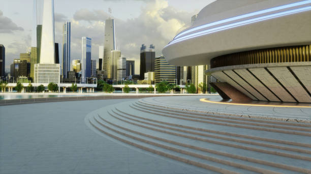 istock 3D render a futuristic building overlooking modern city with river and skyline in background 2183444122