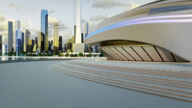 istock Futuristic building with neon lights in front of city skyline at sunset 3d rendering 2183444125