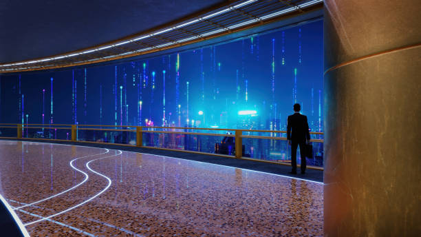 istock 3D render a businessman looking at futuristic cityscape with metaverse connection 3d rendering 2183444153