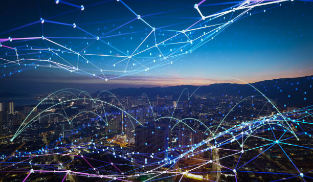 istock Futuristic network connecting a modern cityscape at night 2183444170