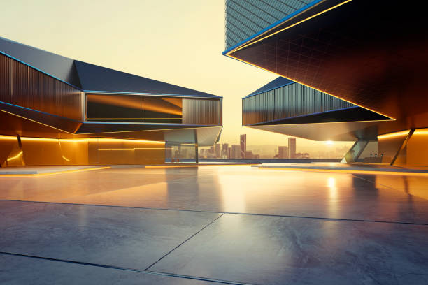 3D rendering modern empty concrete ground with city skyline in background at sunset