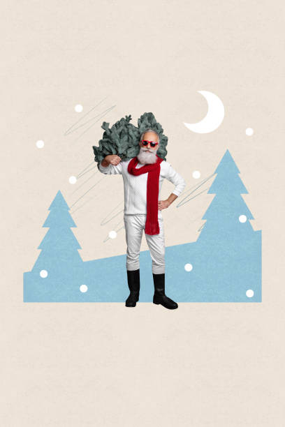 istock Vertical collage image of confident grandfather sunglass arm hold newyear tree moonlight snowfall isolated on painted forest beige background 2183445475
