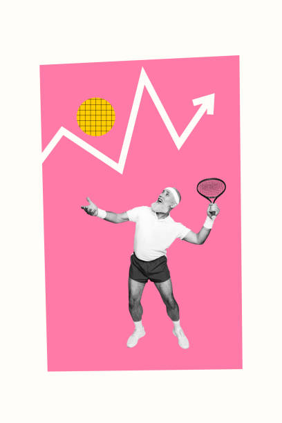 istock Composite trend artwork sketch photo collage of workspace graphics miniature aged man play tennis hold racket arrow success growth income 2183445520