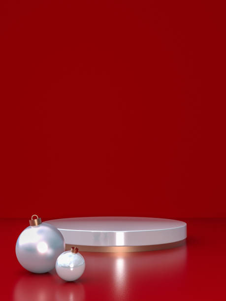 istock 3D minimal winter design with empty podium and Christmas balls on red background, Christmas and New year festive composition 2183446964