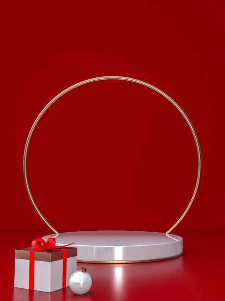 istock 3D background with white podium stand, festive decor and gift box, Christmas and New Year winter design for product presentation 2183446980
