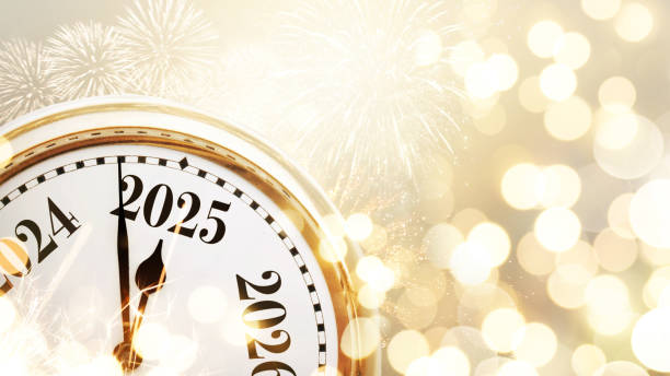 istock Vintage gold clock points to 2025 New Year on a beige bokeh background with fireworks, concept. New Year and Christmas card, creative idea. Celebration and party 2183449639