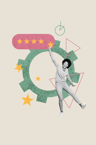 istock Composite artwork collage of copyspace young lady miniature stand arm hold target goal arrow trader business star rate recommendation 2183450771