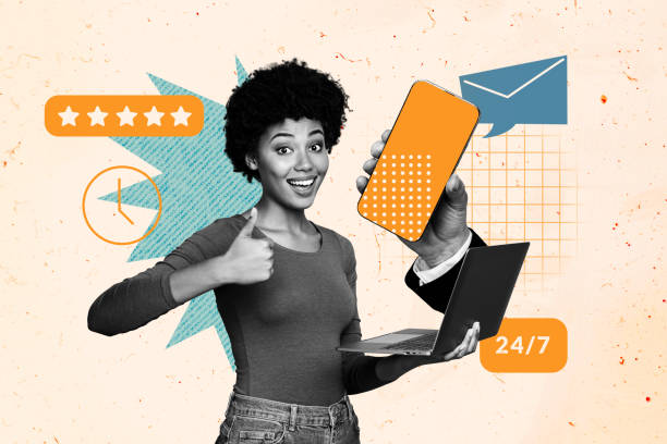 Creative collage picture young woman thumb up customer support feedback touchscreen device laptop drawing background approval