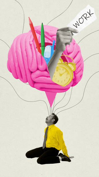 istock Contemporary art collage. Burnout. Overworked person beneath brain filled with tasks. Stress and mental load of work. 2183456116