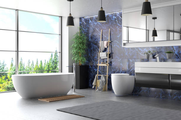 istock Modern Bathroom Interior with Marble Bathtub and Bathroom cabinet and White Sink 2183458752