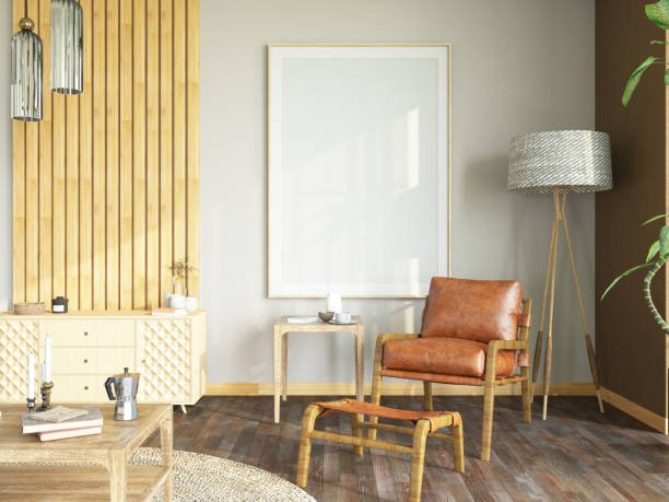 Mockup Photo Frame on the Wooden Console Table with Beautiful Decorative Elements