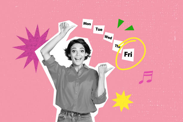 istock Composite trend artwork sketch collage of copyspace monochrome young lady thumb gesture like excited emoji week schedule friday weekend 2183460621