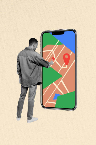 Vertical poster collage young man touchscreen smartphone digital device navigation gps marker location map lost way path