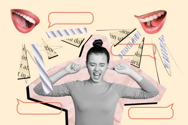 istock Composite trend artwork sketch image photo collage of speech cloud message social media chatting young lady cover ears suffer mouth rumors 2183462838