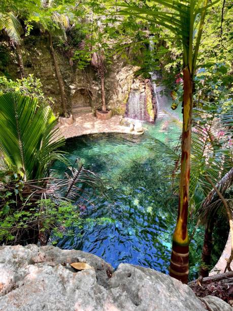 istock Tropical oasis with turquoise pool and waterfall. 2183465783