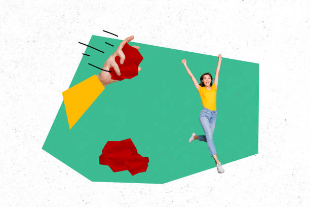 istock Composite trend artwork 3D sketch image collage of bright color miniature young lady run move happy smile huge hand hold paper ball throw 2183466307
