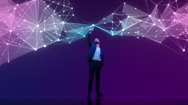 istock Businessman stands amidst flow of digital particles, reaching out to touch visualization, symbolizing interaction with data. 2183468110