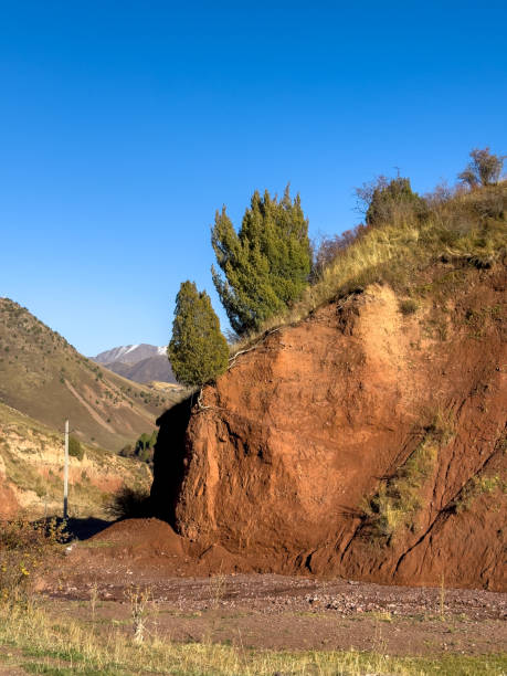 istock Red clay slopes with trees growing on them, set against hills and a clear blue sky in an autumn landscape of Kyrgyzstan. 2183469857