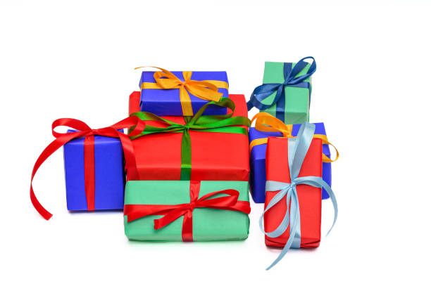 istock Buying gifts, a large stack of gift packages on a white background 2183469955