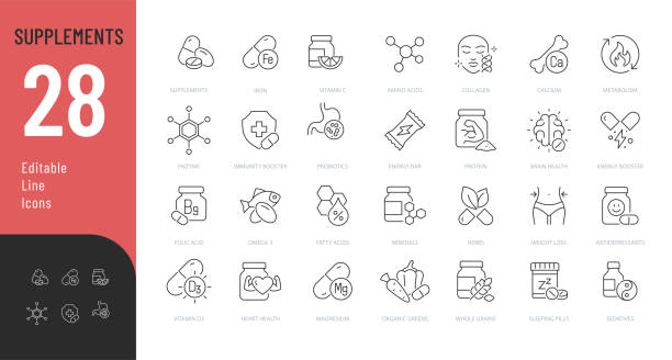 Vector illustration in modern thin line style of healthy lifestyle related icons: vitamins, minerals, amino acids, and more. Pictograms and infographics for mobile apps