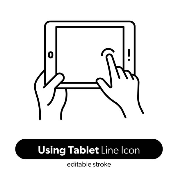 illustrations, cliparts, dessins animés et icônes de utilisation de l’icône de ligne de la tablette. icône vectorielle de trait modifiable. - tablette