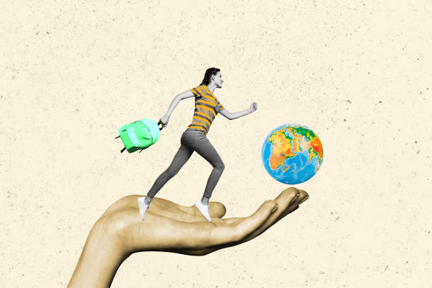 istock Composite trend artwork 3D sketch image collage of copyspace huge hand hold miniature woman student walk travel world earth planet 2183474117