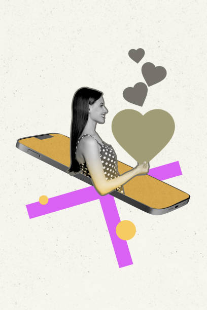 istock Composite trend artwork sketch image photo collage of like subscribe click blogger popular smartphone display young lady appear hold heart 2183475185