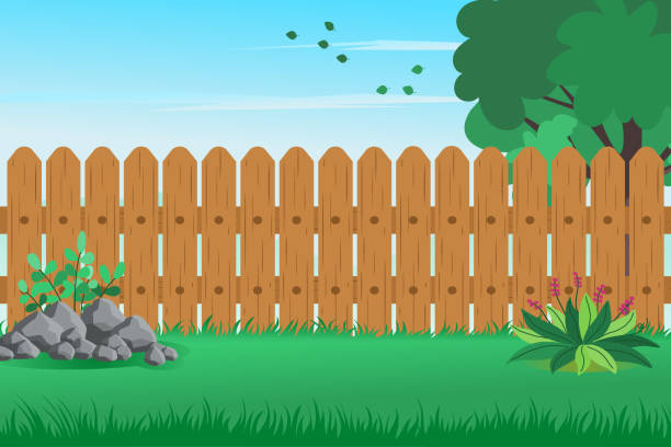 istock House backyard with wooden fence, rocks, trees, green grass, and flowers. Vector illustration. 2183475295