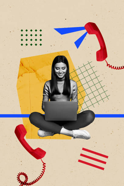 istock Composite trend artwork sketch image collage of copyspace draw chatting obsolete landline phone call talk young lady sit work laptop 2183475700