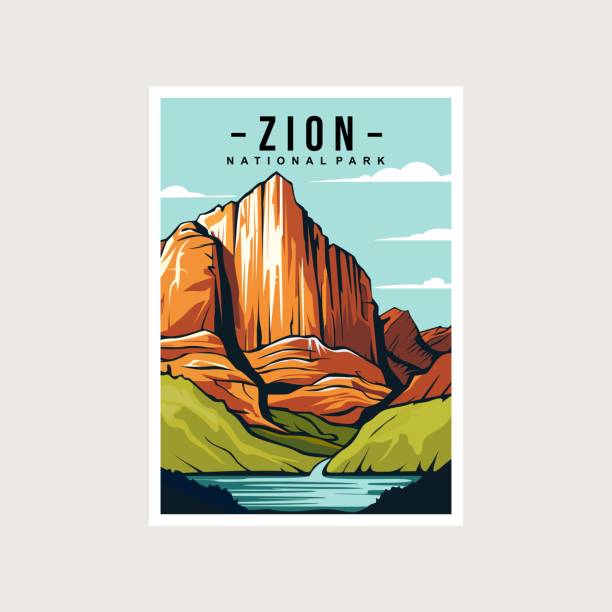 Zion National Park poster vector illustration design, canyon and river poster Zion National Park poster vector illustration design, canyon and river poster utah stock illustrations