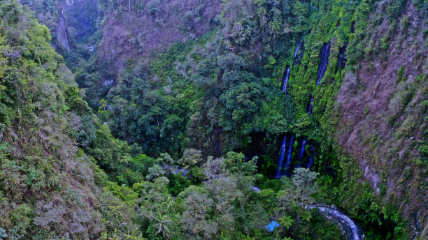 Aerial photography of Sewu Waterfall,Bali, Java Island,Indonesia.Including islands.Mount Semeru.