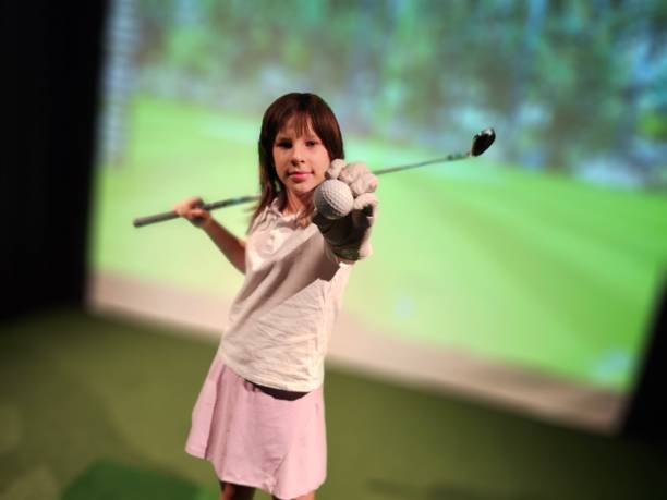 Portrait Golfer women sport course golf ball fairway. People lifestyle woman playing game golf swing tee of on the green grass.