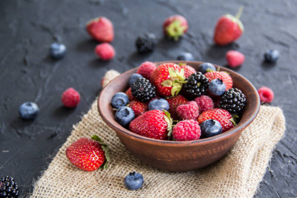 Wild forest food - musk strawberry, alpine strawberry, bilberry, bird cherry - delicious fruiting plants, native to Europe's woodland. Forest foraged fruit - tasty, gourmet berries. Summer delicacy.