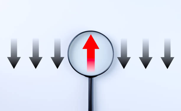 istock Difference concept. Business disruption, Single red upward arrow is view through magnifying glass among black downward arrow. differ thinking, find differences, differences people, opposite direction, 2183482572