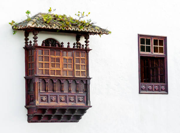 Tenerife typical wooden balcony on a white wall