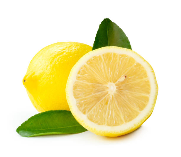 istock Front view of yellow lemon fruit with half slice and green leaves isolated on white background with clipping path 2183488259