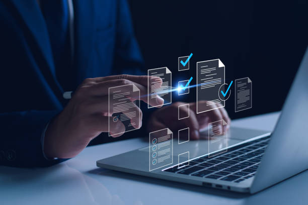 istock Manager is verifying the validity, security, approving requests, quality assurance, investment contracts. Online digital document work, paperless office. online survey. Checking mark up on check boxes 2183490710
