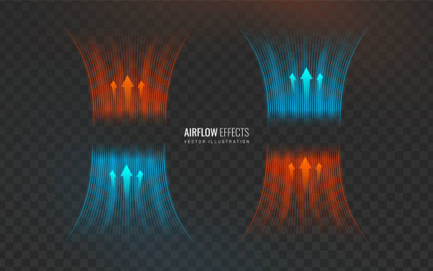 Airflow hot and cold with arrows indicating the direction of air movement on a grid transparent background