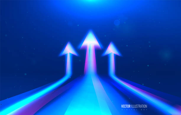 istock Arrow growth up, tech progress, digital success, night background blue purple color. Speed abstract futuristic effect with direction arrow up 2183490867