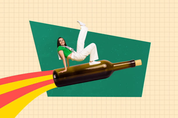 Creative collage picture young funky girl dance party bar pub wine glass bottle drink beverage drunk celebrate event friday Creative collage picture young funky girl dance party bar pub wine glass bottle drink beverage drunk celebrate event friday. drunk visual stock pictures, royalty-free photos & images